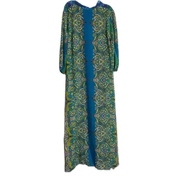 Johnny Was 100% Silk Kahinu Kaftan Boho Arstsy Maxi Dress Blue Green S NWT - Picture 8 of 10